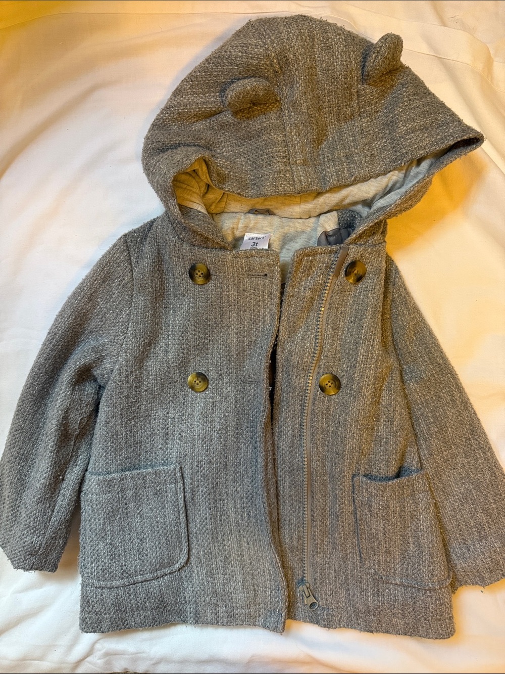 Carter's Heather Gray Hooded Pea Coat with Ear Details